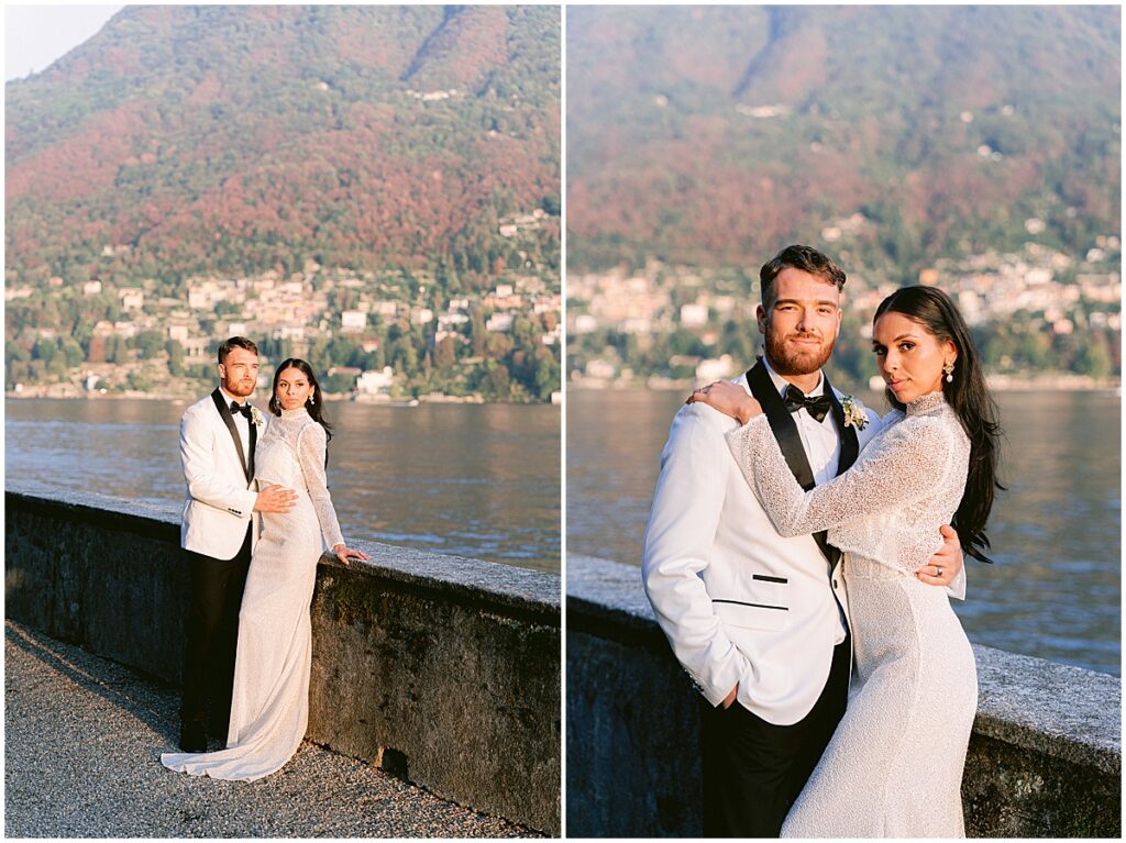 Bride and groom wedding portraits on the shore of Lake Como
