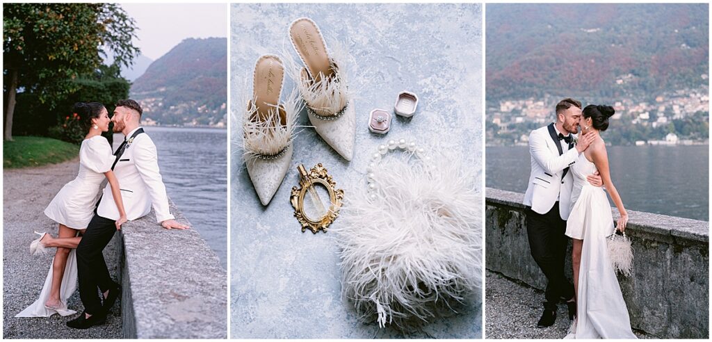 Bridal details including feather shoes and handbag, posing with groom on the edge of Lake Como