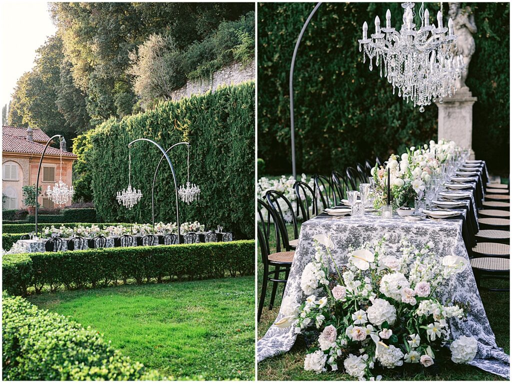 Wedding reception with chandeliers and black and white details at Villa Pizzo wedding, Lake Como